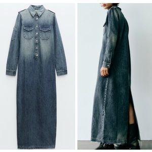 ZARA long denim dress with back slit blogger favorite